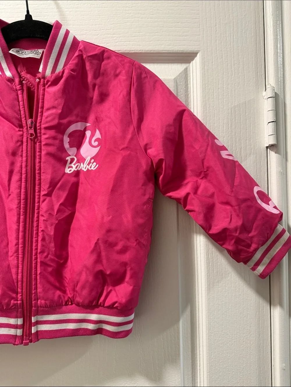 Barbie Hot Pink Kids Puffer Jacket with Striped Trim Size 4-5